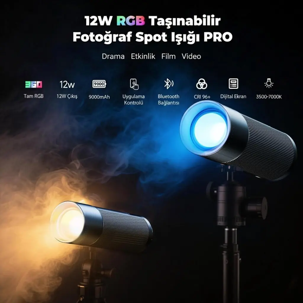 Photoolex Zoom Light Pro 12W RGB LED Spotlight Gobo Fotoğraf Işığı - TF-LS-083FS-G-PL