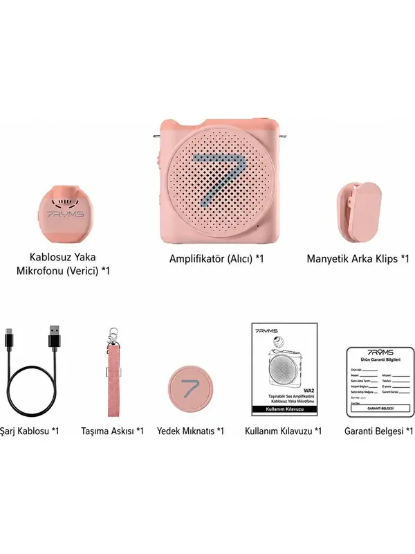 7ryms Wa2 Kablosuz Yaka Mikrofonlu Taşınabilir Ses Amplifikatörü Pembe