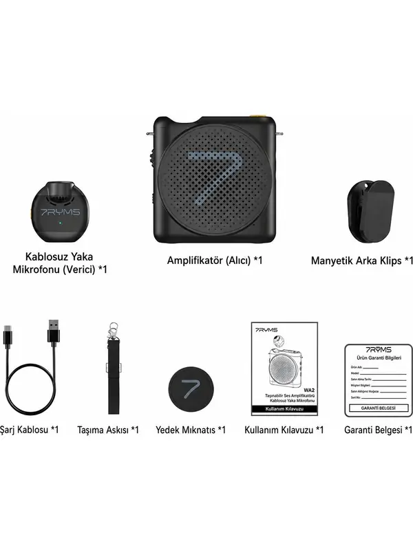 7Ryms Wa2 Kablosuz Yaka Mikrofonlu Taşınabilir Ses Amplifikatörü Siyah